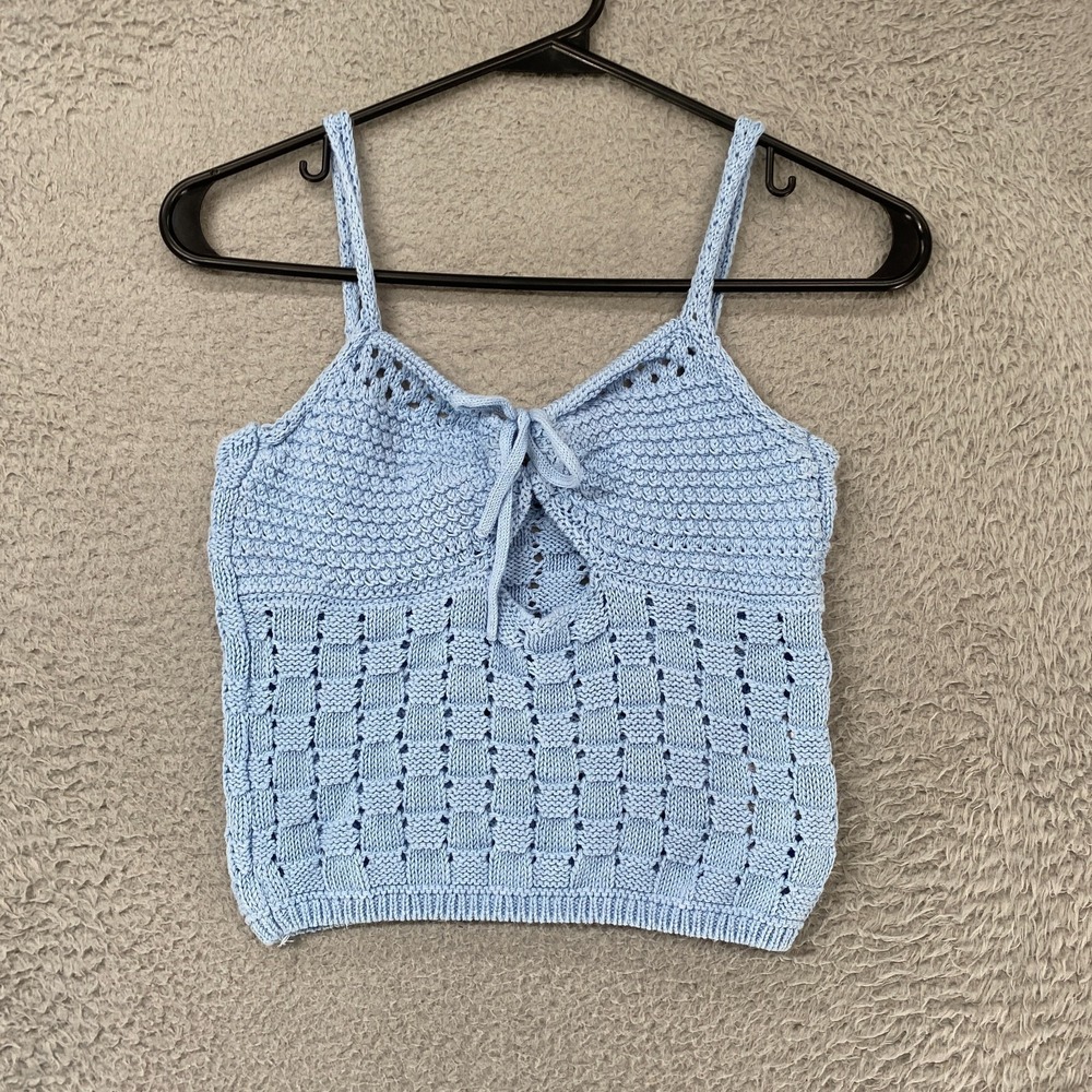 Zara Crochet Knit Tank Top Womens Medium Blue Festival Crop Summer Beachy Cutout